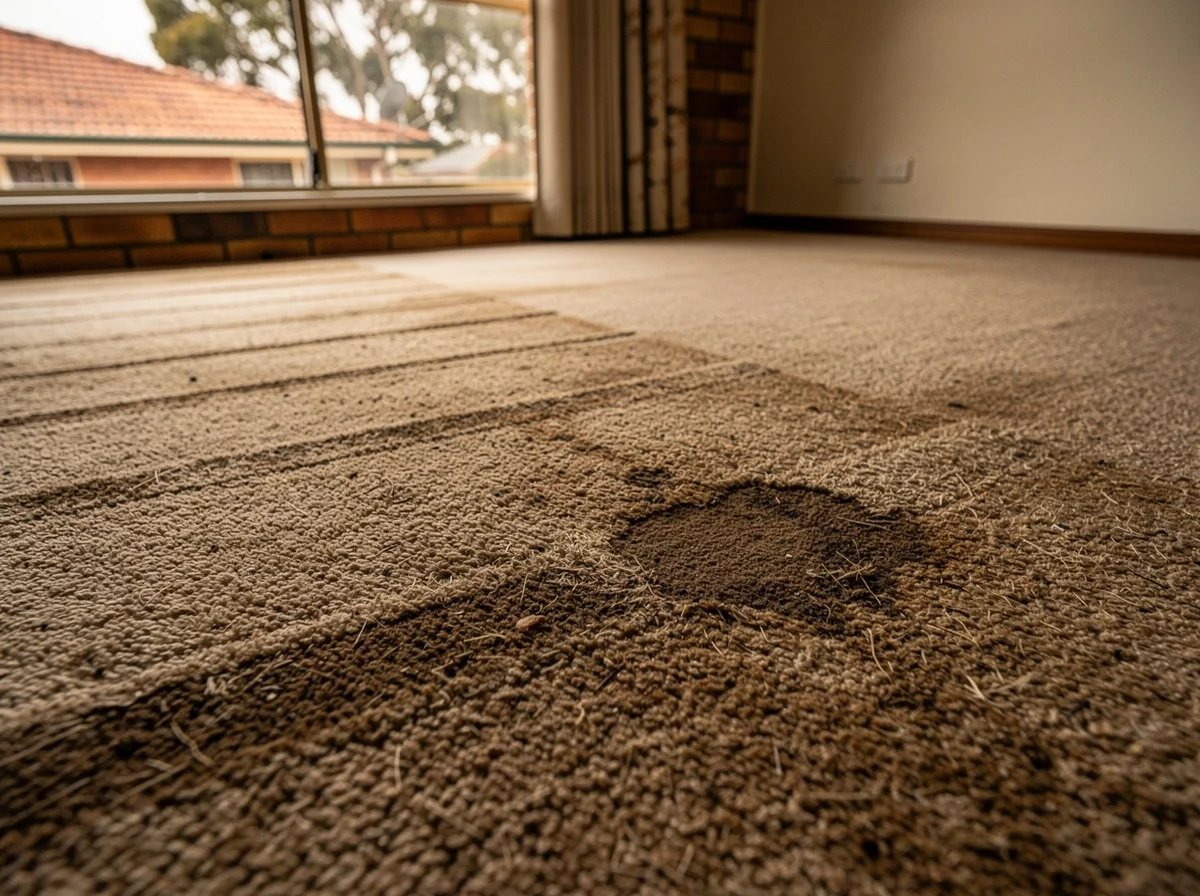 Nedlands rental lounge carpet with heavy traffic lanes and a set-in stain before cleaning